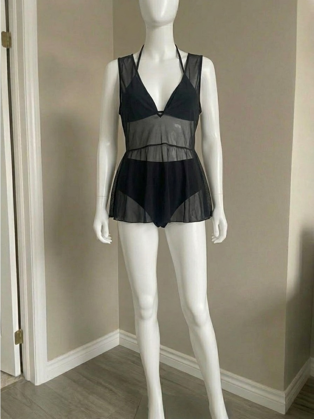 Black 3 Piece Bikini Set High Waist Swimsuit Mesh Cover Dress Women Medium